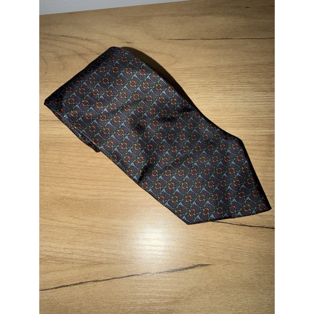 Vintage Fendi 100% Silk Tie Blue Red Italy Luxury Designer Horsebit Geometric Y